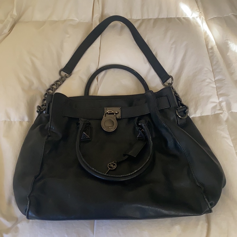 Michael Kors Pad Lock Black Metal Tote with Shoulder Straps - Black Leather